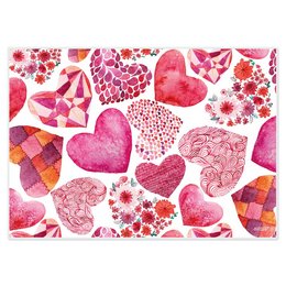 The image shows a pattern of various heart-shaped designs in shades of pink and red. The hearts appear to be made of different materials and textures, creating a visually interesting and decorative design. This would be suitable for a product like placemats or other home decor items.