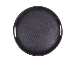 Plateau rond en cuir de crocodile simili cuir noir avec poignées en acier inoxydable plateau de service