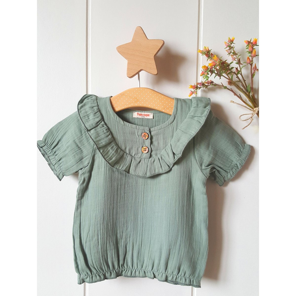 Baby pige salvie grøn t-shirt / 100% økologisk dobbelt gaze bomuld