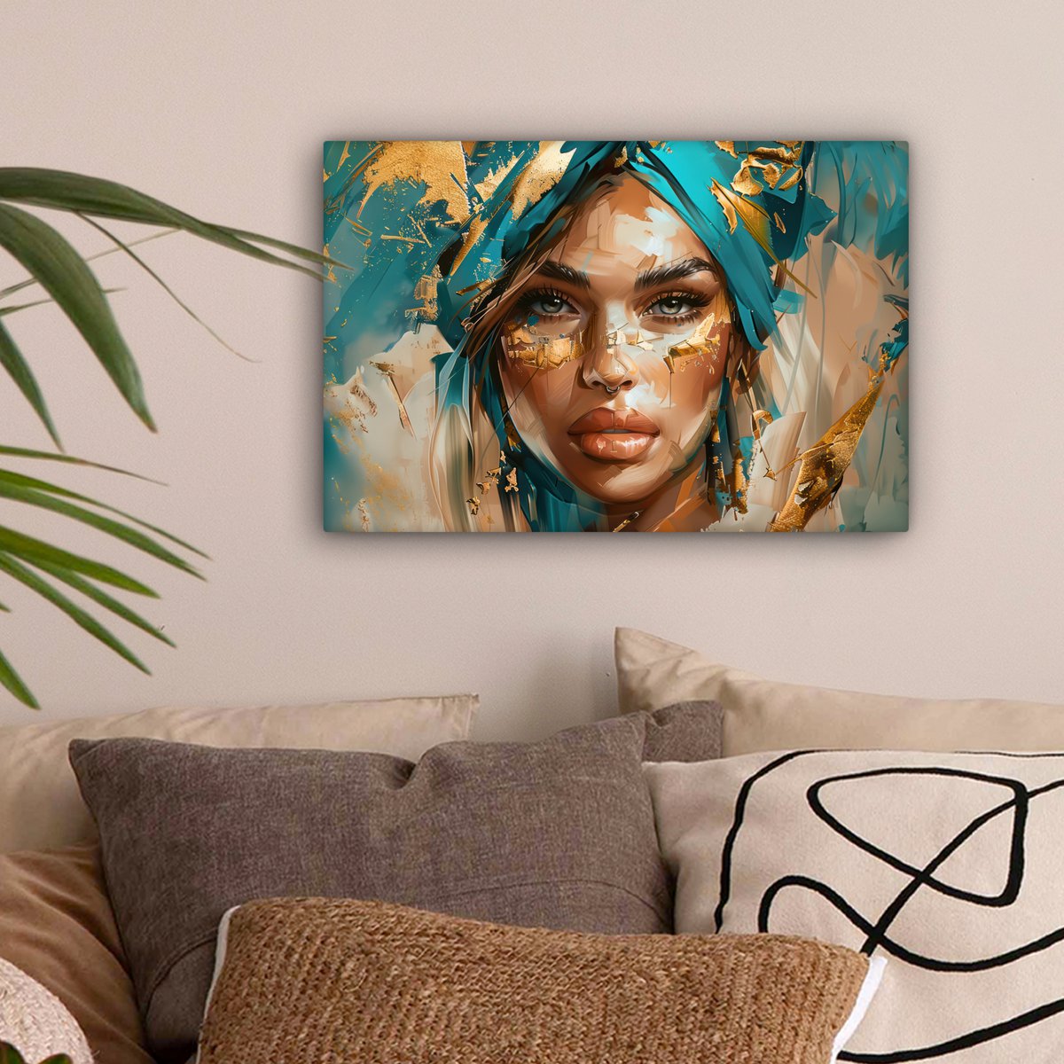 Canvas schilderij  - Wanddecoratie - Bloemen - Vaas - Stilleven - Beige