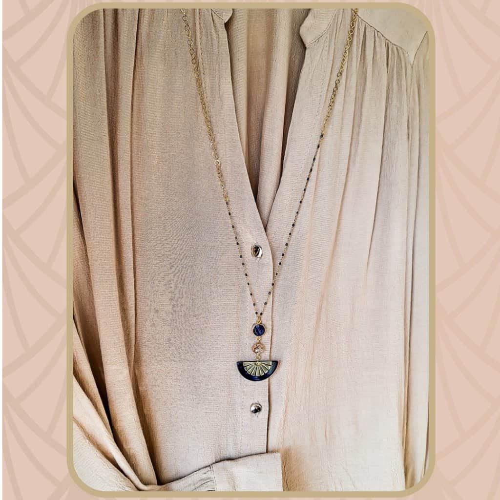 Collier Sautoir Art deco Bohème Chic demi lune Eventail Perle Bijou acier inoxydable Fête des mères Cadeau Maman