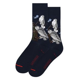 Cozy and stylish socks featuring a snowy owl design in shades of gray and white on a dark navy background. Made of high-quality materials for comfort and durability.