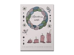 Advent wreath postcard with colorful wreath, candles, and pine cones. Festive Christmas design.
