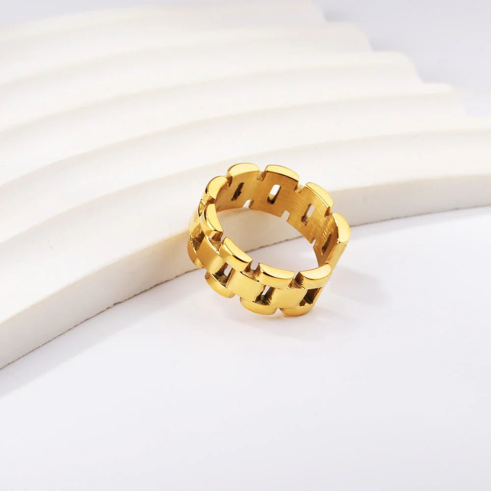QUADRUM - Bague géométrique en acier plaqué or waterproof