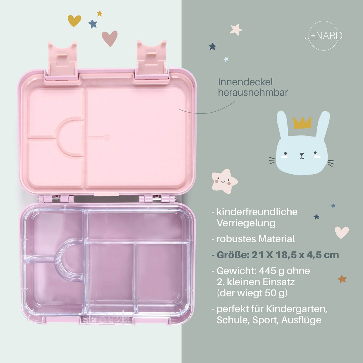 Brotdose Kinder auslaufsicher mit Fächern – Bento Lunchbox Kindergarten BPA frei – Regenbogen - JENARD