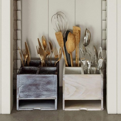 Abgebranntes Holz Küche Gewürz Organizer & Besteck Utensilien Besteck Caddy mit Serviettenhalter, 4 Fächer Esszimmer Utensilien Besteckhalter, Gabeln, Löffel, Servietten, toller Aufbewahrungsorganisator