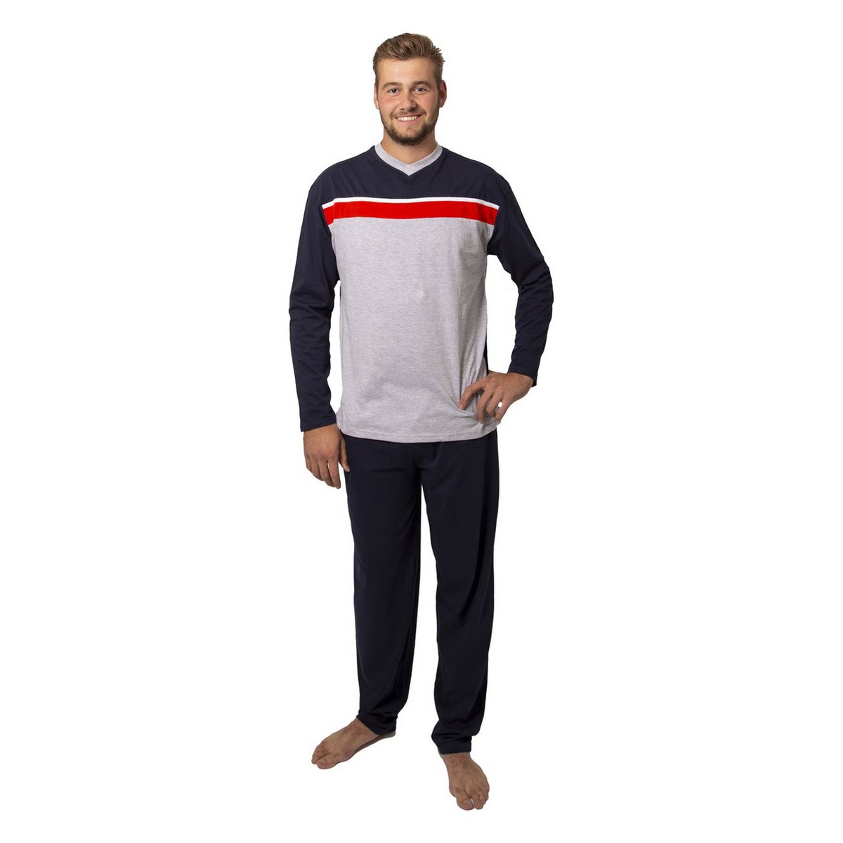 Heren pyjama set - lange mouw - marine/grijs/rood