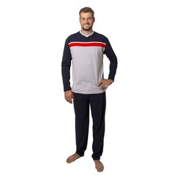 Men's long sleeve pajama set in navy, grey, and red colors. Features a relaxed, comfortable fit for lounging or sleeping.