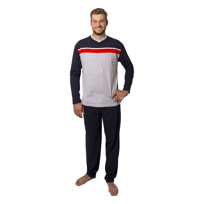 Men's Pyjama Set - Long Sleeve - Navy/Grey/Red