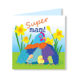 Mother's Day card with colorful hen, chicks, flowers, text "Super mam!" Dutch greeting card