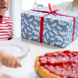 Blauw inpakpapier met papieren boten en strepen - lichtblauw inpakpapier met papieren bootpatroon, ideaal voor kinderverjaardag, doop, geboorte.