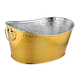 A hammered, gold-colored metal champagne cooler with a sleek, oval shape and handles on the sides. The cooler appears to be designed to hold multiple bottles of champagne or other beverages.