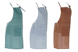 Cotton polyester apron in 3 assorted colors - green, gray, and brown - with a polka dot pattern. Durable and practical for kitchen or household use.