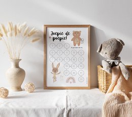 A4 countdown calendar for toilet training girls, featuring a cute bear and rainbow design.