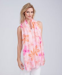 Pink floral print scarf with orange and magenta flowers, lightweight fabric, versatile accessory.