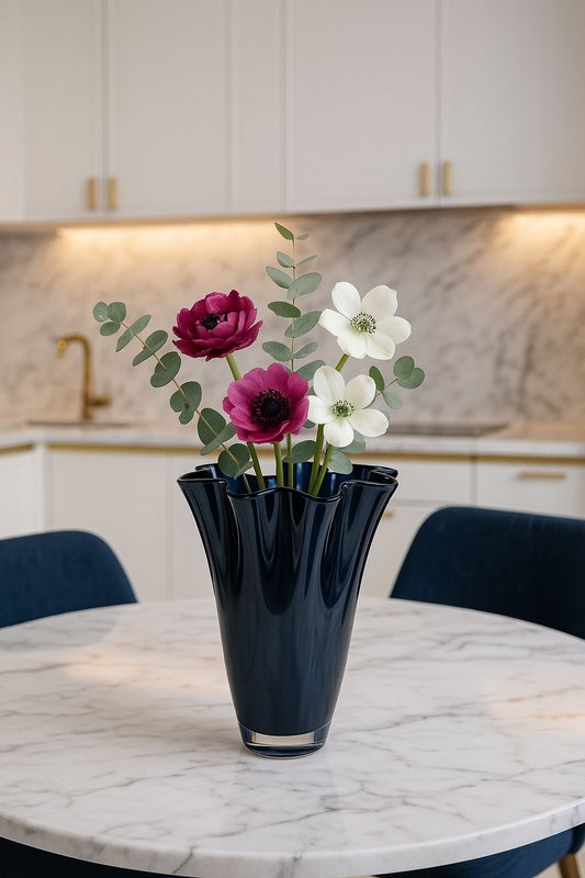Vase glas bølget mørkeblå bordvase blå glasvase 30 cm høj