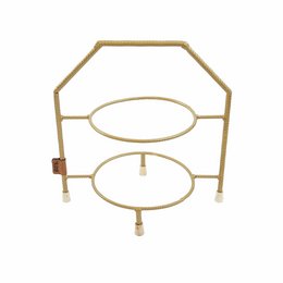 Gold-colored metal etagère with two oval-shaped plates for displaying cakes or other desserts.