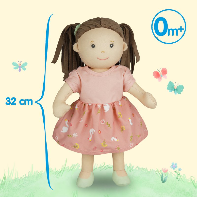 Stof Doll '' Lucie '' med kjole til at sætte på og tage af, 32 cm