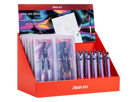 Passer Iris en Studiopen Aristo in de vitrine, 42e. is. kleuren