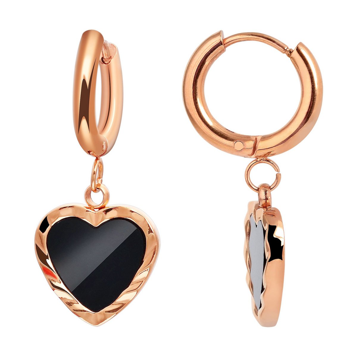 Accent stainless steel hoop earrings, heart pendant, rose gold colored