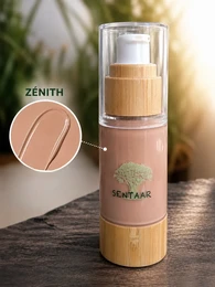 Liquid mineral foundation, natural beige nude color, wooden bamboo pump bottle, eco-friendly skincare cosmetics