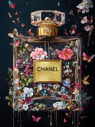 # Product Description
Chanel perfume bottle art with vibrant pink flowers, butterflies, and floral botanical design on black background.