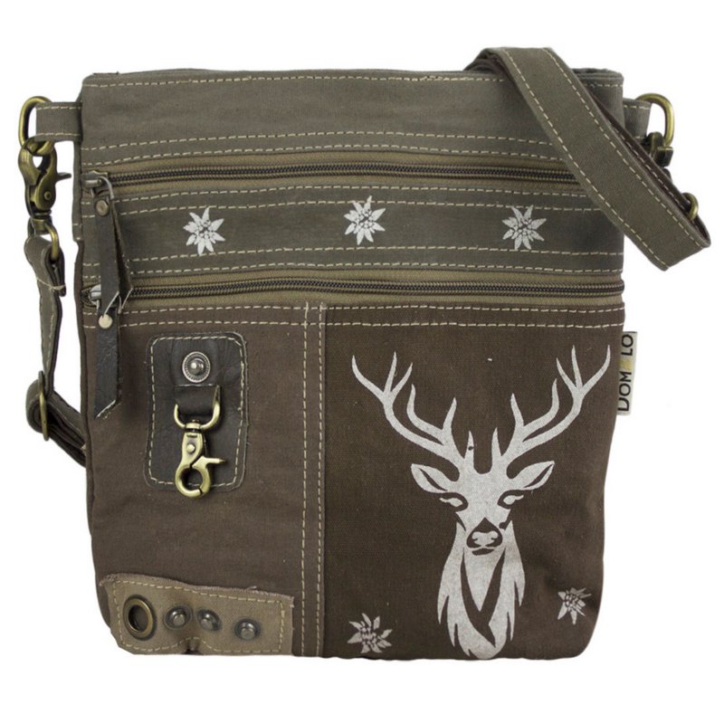 Domelo traditional bag. Women's shoulder bag. Dirndl shoulder bag made of canvas and leather. Handbag in traditional style with deer edelweiss print. Crossbody bag for women as Oktoberfest accessories.