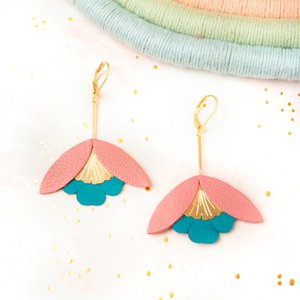 Ginkgo Flower Earrings - pink and teal blue leather