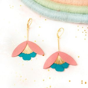 Ginkgo Flower Earrings - pink and teal blue leather