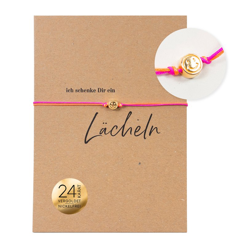 Bracelet on card - Smiley Gold - I give you a smile - 24K gold-plated pendant - Macrame - DIN A6 recycled card