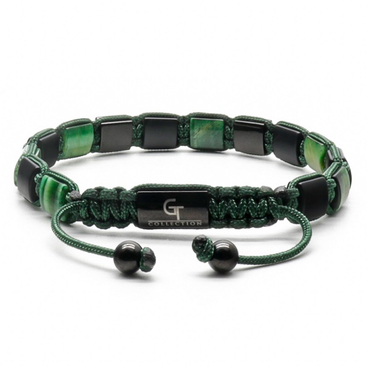 Mænds grønne tiger øje, sort onyx flad perle armbånd