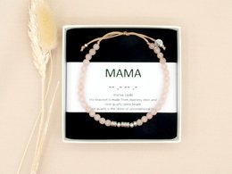 Rose quartz beaded bracelet with Morse code spelling "Mama"