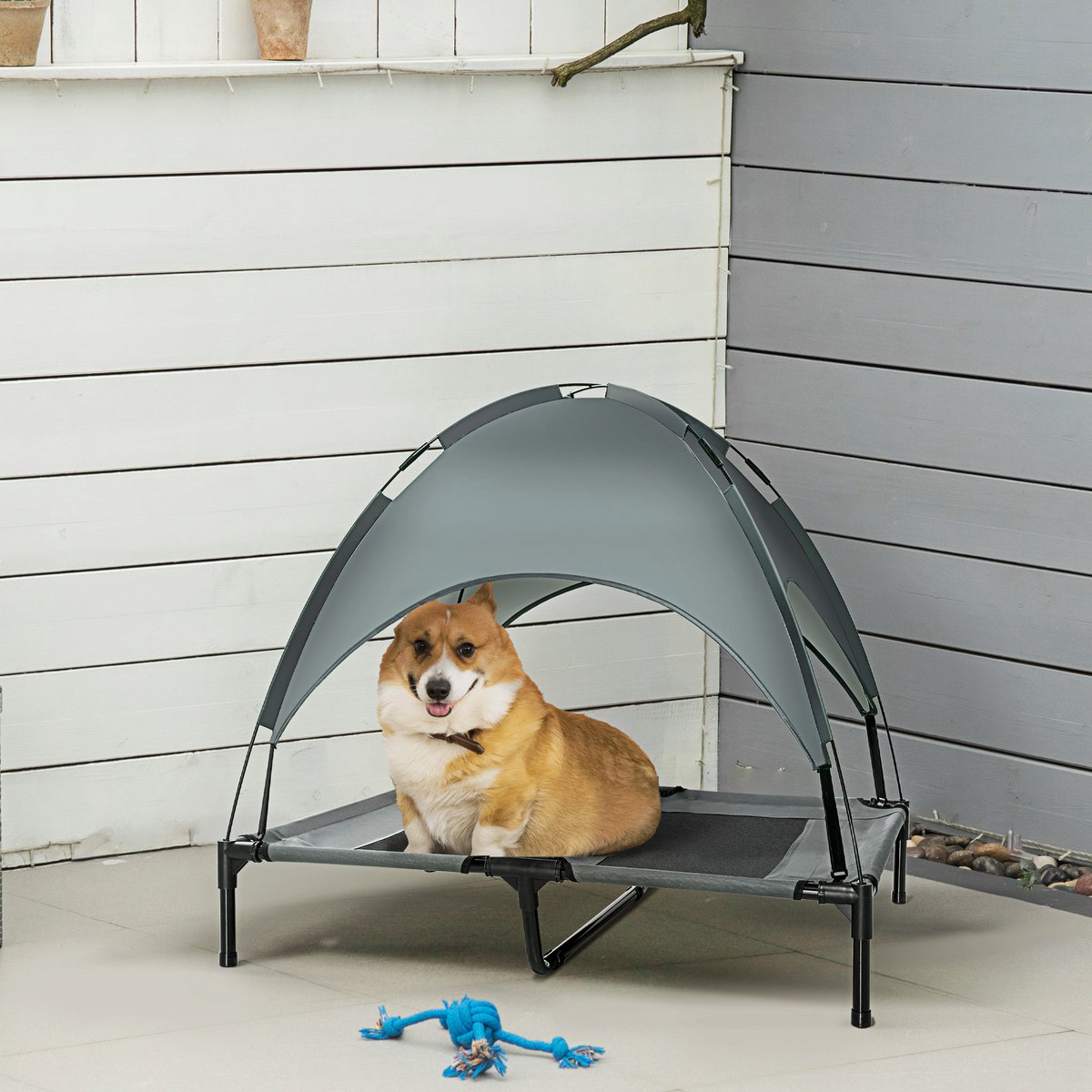 Elevated Dog Bed with Canopy, Pet Bed, Outdoor Dog Lounger with Roof, Breathable, Taffeta Fabric for Camping Gray 92 x 76 x 90 cm