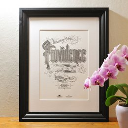 This vintage-style letterpress poster features intricate typographic design with ornate flourishes and decorative elements. The poster has a classic, antique aesthetic with a focus on typography and design.