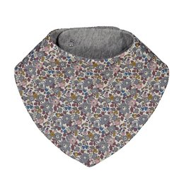 A gray baby bib with a colorful floral print pattern. The bib is made of soft, absorbent material and is designed to protect baby's clothing during feeding.