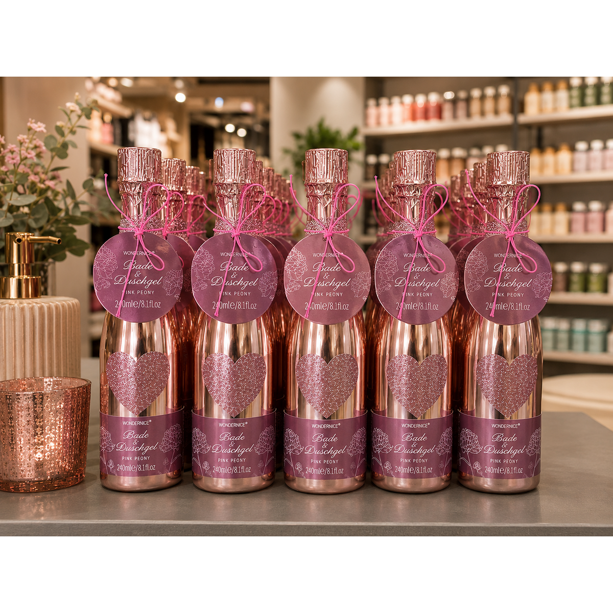 240ml bath and shower gel in a rose colored piccolo bottle