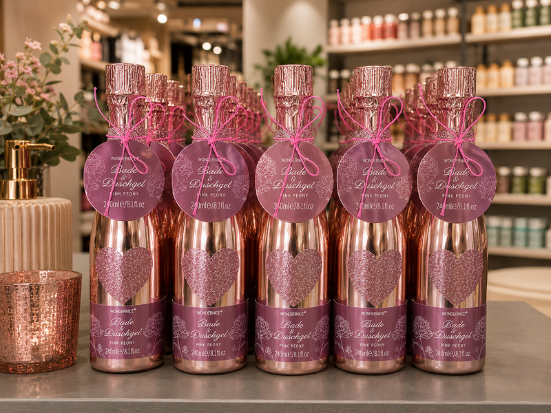 240ml bath and shower gel in a rose colored piccolo bottle