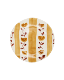  Ceramic dessert plate with a round shape, featuring a white center and a decorative pattern of hearts and floral designs in shades of yellow and brown around the edges.