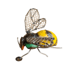 Decorative metal mesh bee statue with yellow and black body, detailed wings, and realistic insect features.