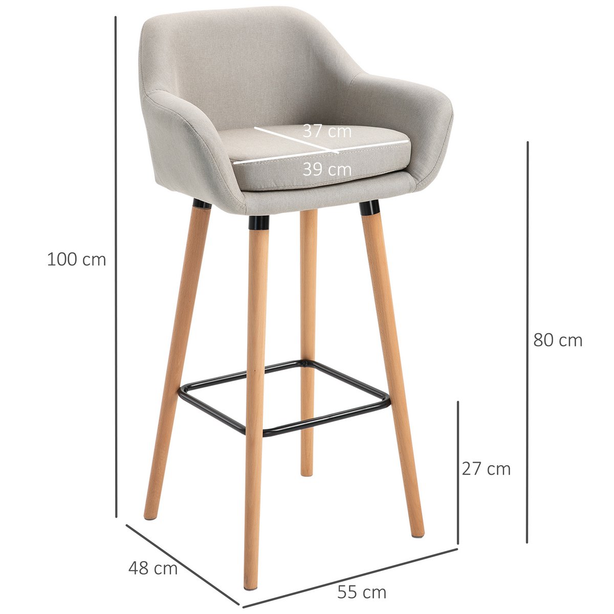 Set of 2 bar stools, including footrest, solid wood, 55 cm x 48 cm x 100 cm, beige