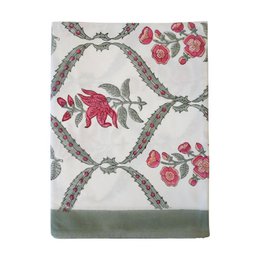  Rectangular cotton tablecloth with "Birdy" print in shades of green, orange, and pink. Features a floral pattern and decorative border.