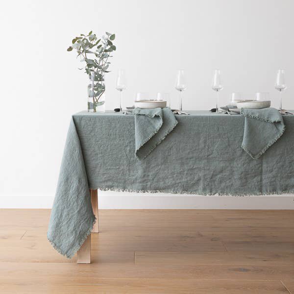 Linen Tablecloth Spa Green Terra Fringe