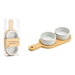 Bamboo serving board with 2 ceramic bowls, natural color, dimensions 22x1x8cm, suitable for tapas or appetizers.