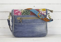 Sac à bandoulière durable Sunsa pour femmes. Sac à bandoulière fabriqué à partir de jeans recyclés et de tissu sari (toile). Sac à main style rétro vintage. Sac bandoulière pour femme.