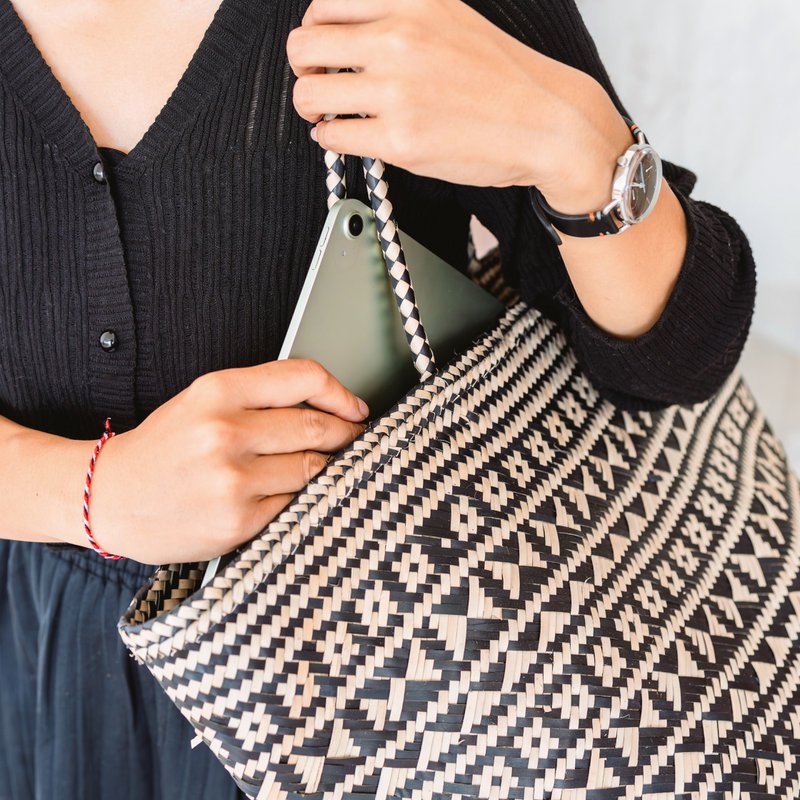 Bolso Tote Boho – Bolso Verano Seagrass – Bolso Playa Hombro – Bolso Natural Tejido – Bolso Compras Boho Grande KIDUL (negro)