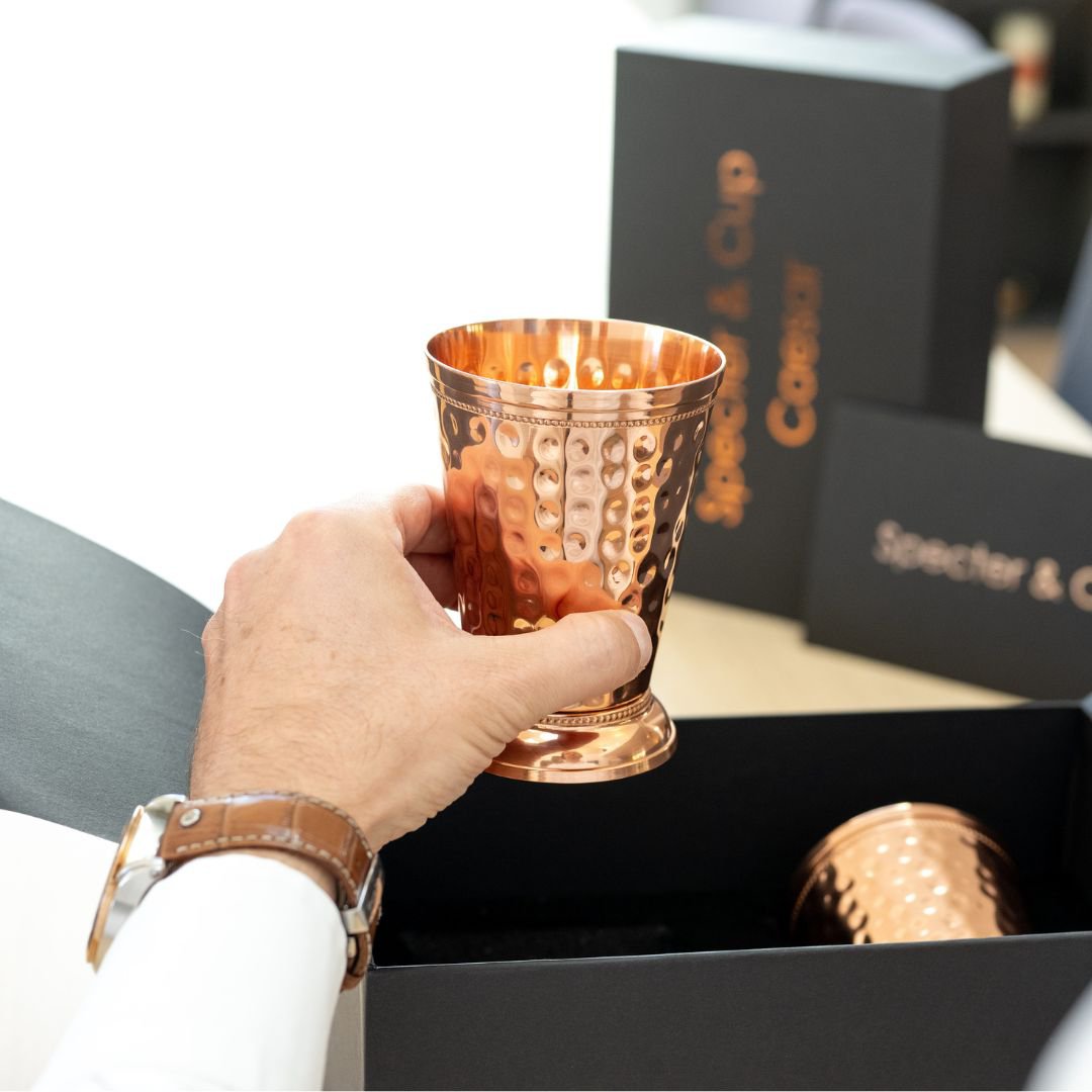 Kupferbecher-Set Caesar – 2x Cocktailbecher (gehämmert, römisch-geprägter Stil, 300 ml)