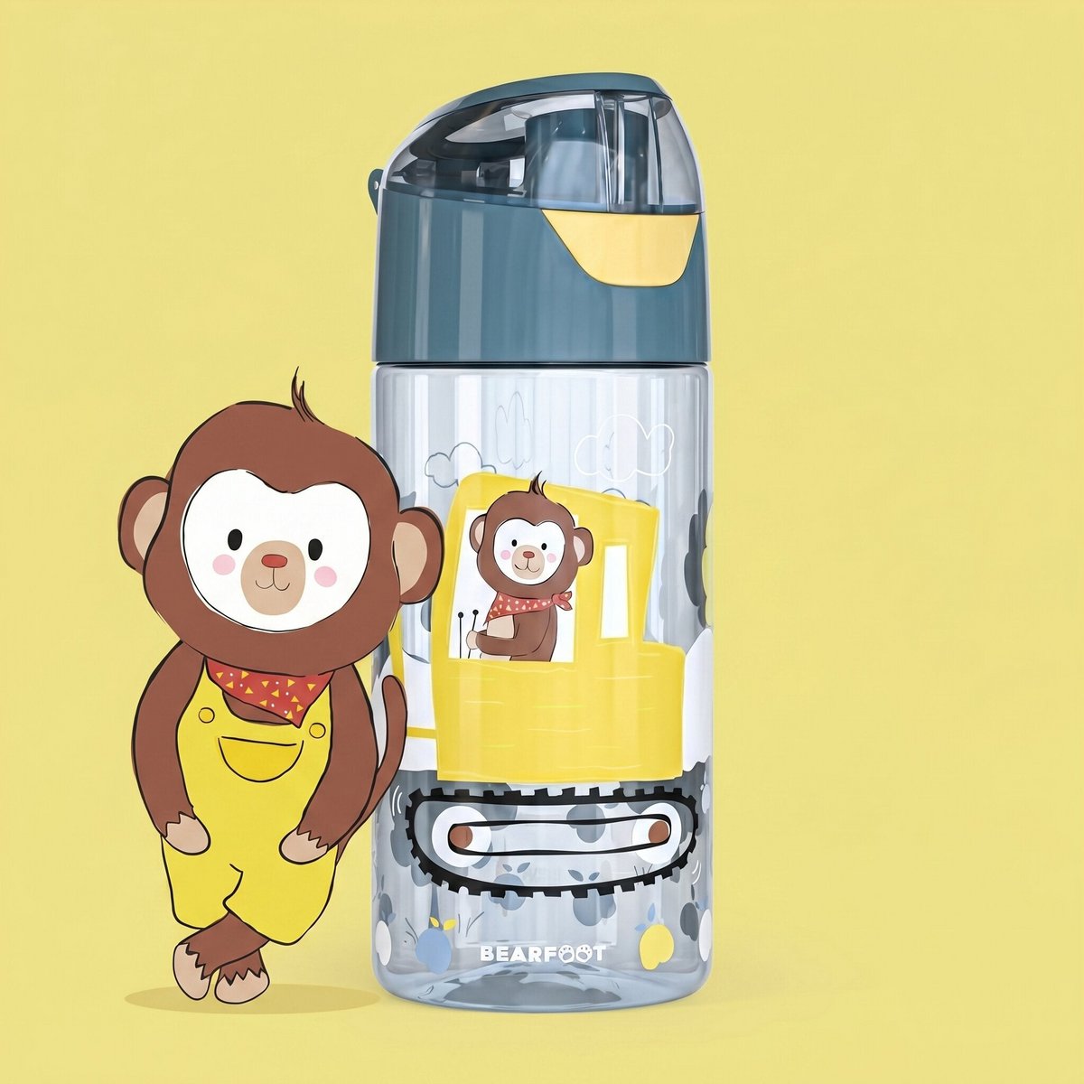 Children's water bottle, lightweight water bottle - excavator & monkey