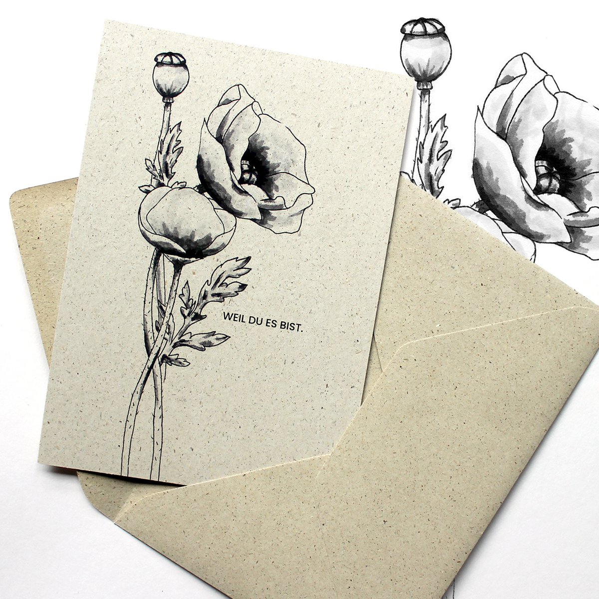 Grass paper greeting card, poppies