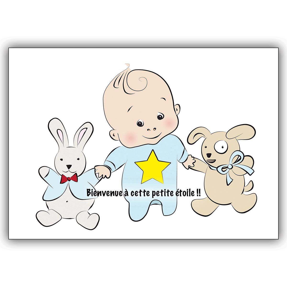 Cute French baby (boy) card with baby boy and soft toys