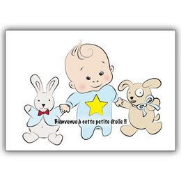 A cute baby boy card with soft toys including a bunny and a puppy. The card features the text "Welcome a little star!" in French.